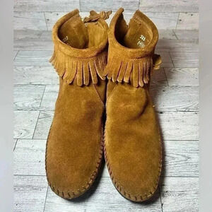 Minnetonka Moccasin Brown Suede leather Fringe Booties womens 6.5 boho babe
